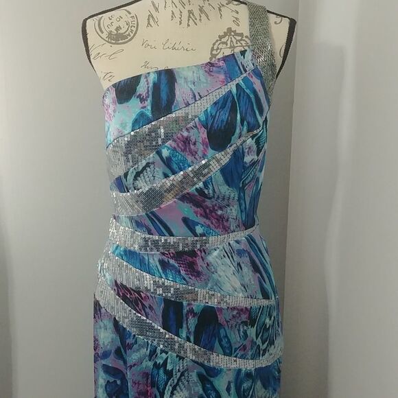 NWT LaFee E4053 One Shoulder Silver Sequin, Purple/Turquoise Prom Dress 10 - Picture 2 of 14